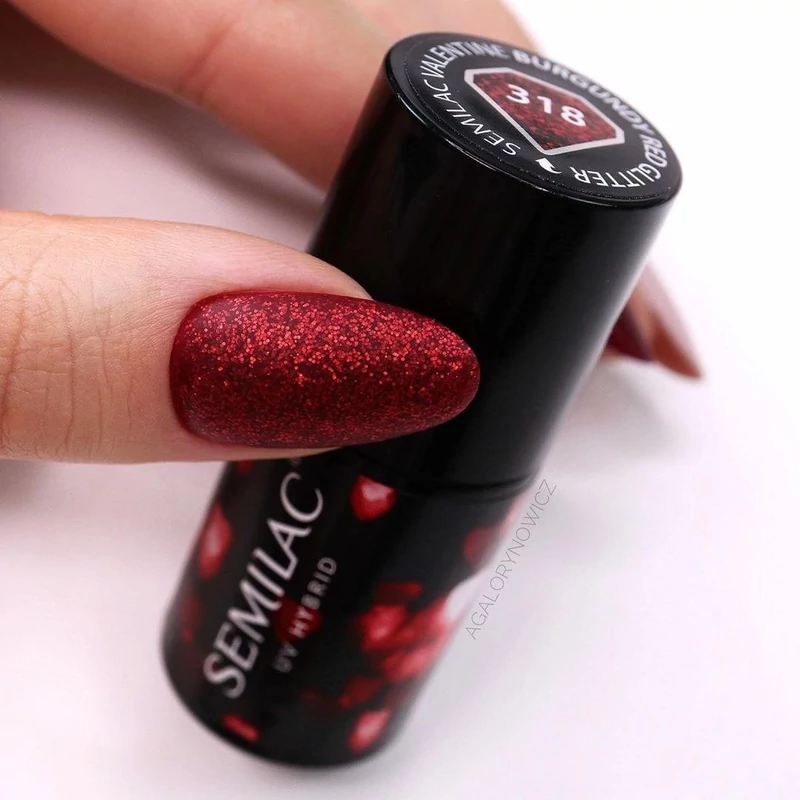 318 Semilac Uv Hybrid gél lakk Burgundy Red Glitter  7ml